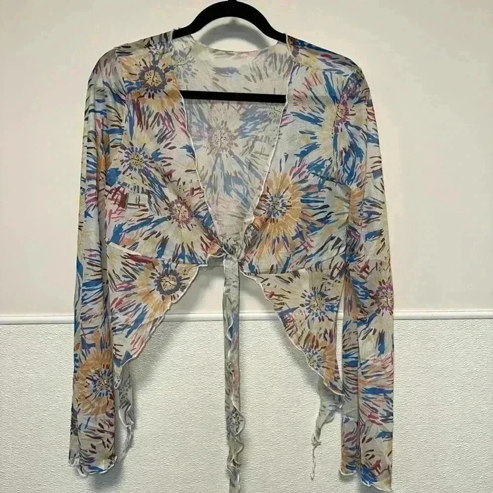 Women's Avidlove Floral Mesh Crop Top - Size XL- White & Blue / Sheer